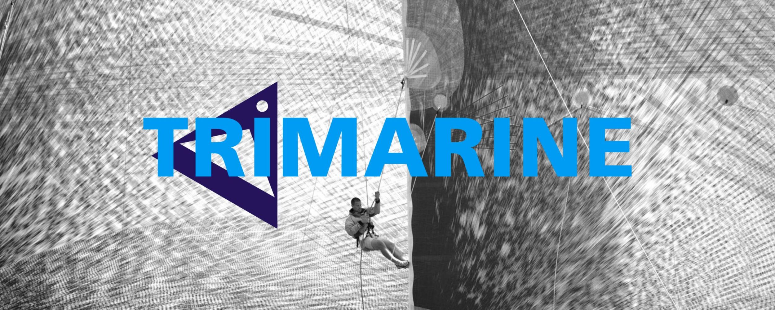 Trimarine Logo with man descending from sails in the background